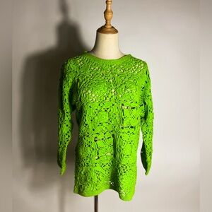 VINTAGE 90s Grinch Green Cotton Open Crochet Neon Sweater Medium